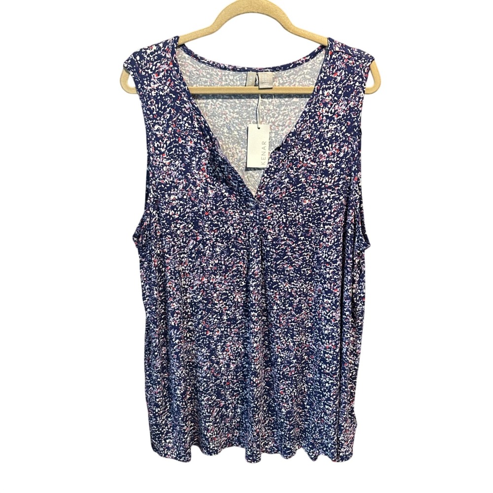 Kenar Womens 2X Sleeveless V-Neck Pleated Tank Top Navy Blue Abstract Print NWT